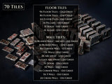 A set of 70 dark, weathered dungeon terrain tiles including floor and wall pieces. The collection features various grid configurations such as 2x2, 2x1, and 1x1, with specific items like pillars, rocks, altars, ruined walls, and archways.