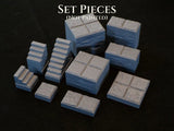 A collection of unpainted light gray miniature terrain set pieces for tabletop gaming. The set includes various stone-textured blocks, stairs, and floor tiles. The text "SET PIECES (NOT PAINTED)" is visible at the top of the image.