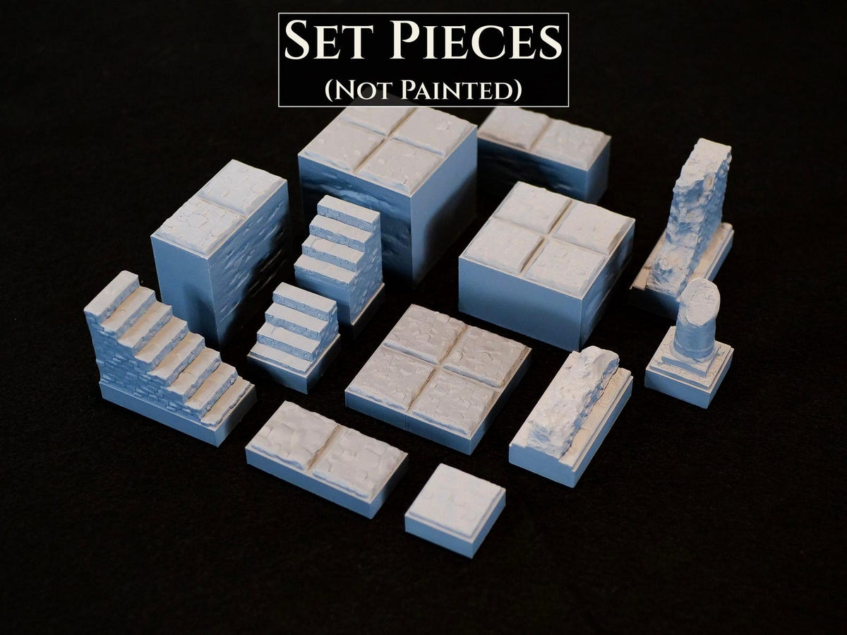 A collection of unpainted light gray miniature terrain set pieces including stone-textured floor tiles, staircases, wall segments, and a broken pillar. The text SET PIECES (NOT PAINTED) is displayed at the top of the image.