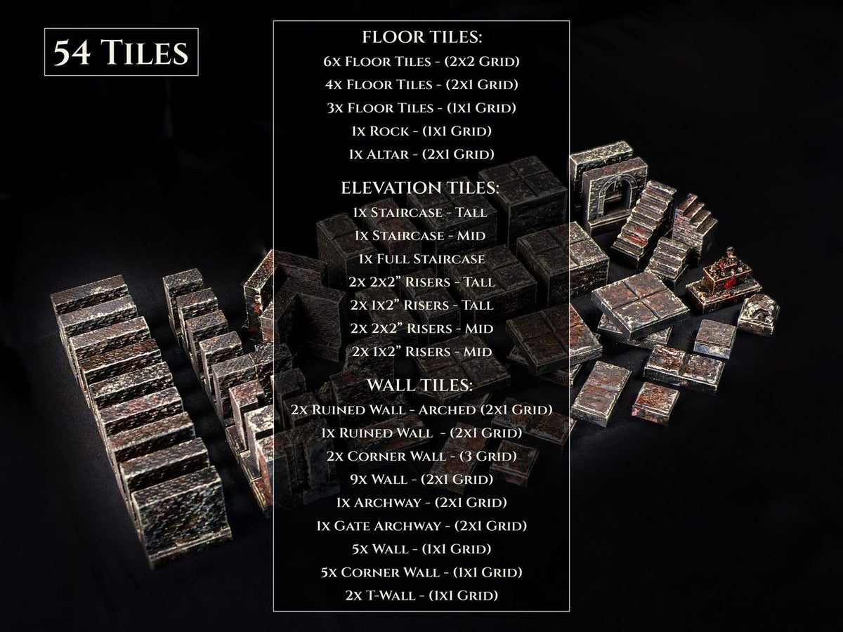 A collection of 54 miniature stone tiles for tabletop gaming. The set includes floor, elevation, and wall tiles, such as staircases, arches, and corner walls. The image also lists the quantity of each tile type.