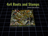 A square terrain tile titled 4x4 Roots and Stumps with the text CENTRER IS NON-MAGNETIC. The surface features a textured, multi-colored landscape of brown, green, and tan earth with raised tree roots and stumps in a forest floor.