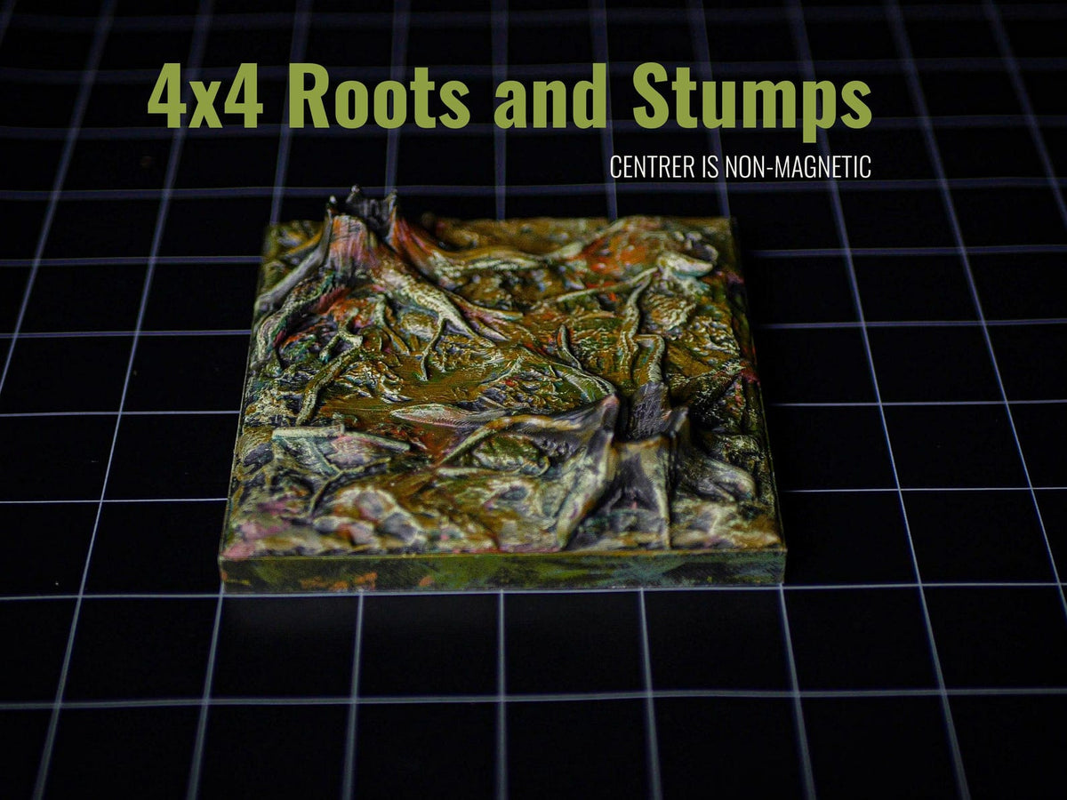 A square terrain tile titled 4x4 Roots and Stumps with the text CENTRER IS NON-MAGNETIC. The surface features a textured, multi-colored landscape of brown, green, and tan earth with raised tree roots and stumps in a forest floor.
