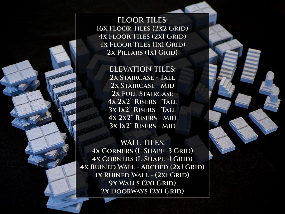 A collection of light gray miniature dungeon terrain pieces including floor tiles, elevation tiles, staircases, risers, wall tiles, and doorways. The set includes 16x 2x2 floor tiles, 4x 2x1 floor tiles, 4x 1x1 floor tiles, 2x pillars, and various wall segments.