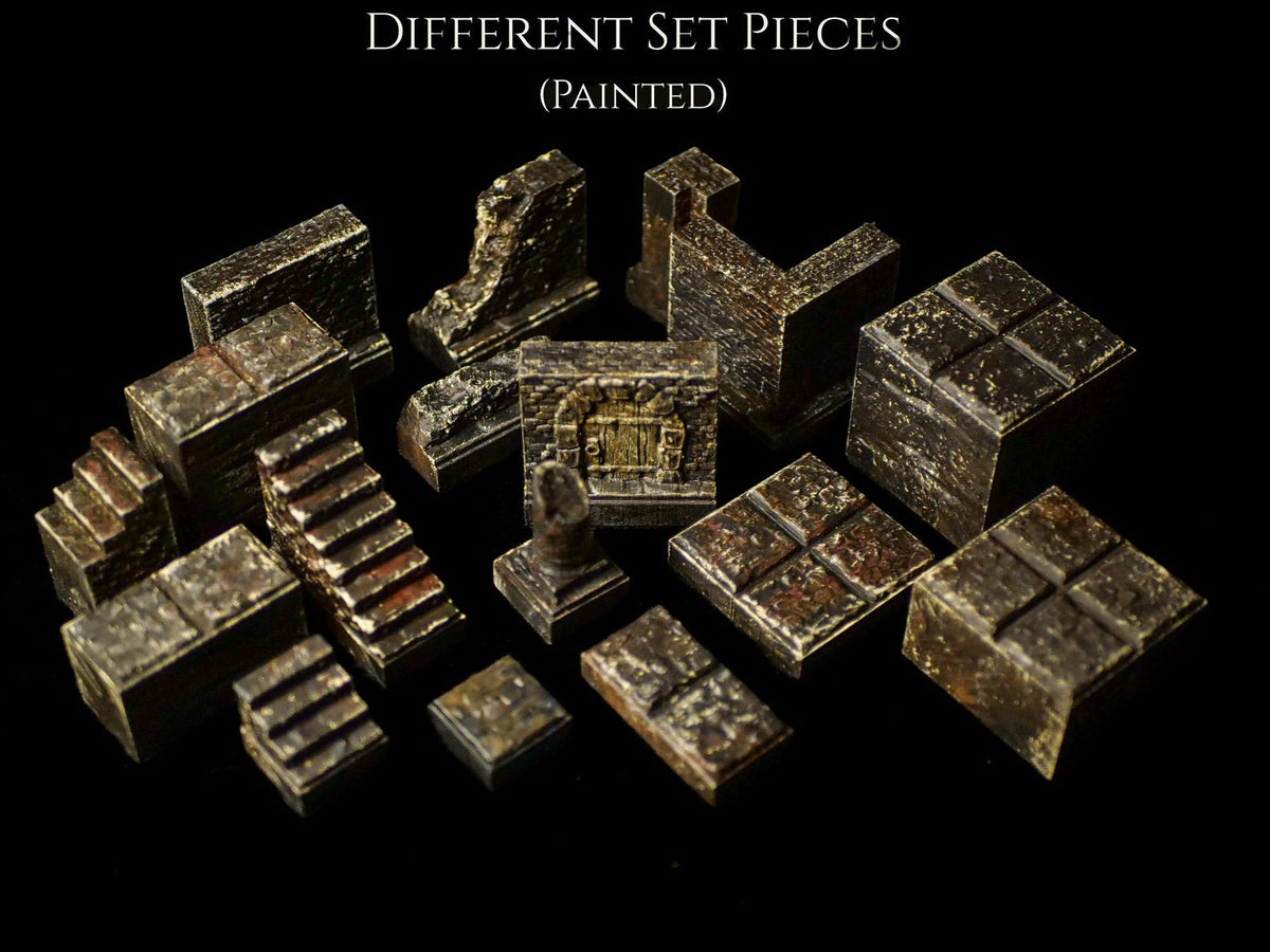 A collection of miniature stone-textured terrain pieces in dark brown and grey tones, including stairs, wall segments, floor tiles, and a small arched doorway. The text "DIFFERENT SET PIECES (PAINTED)" is displayed at the top of the image.