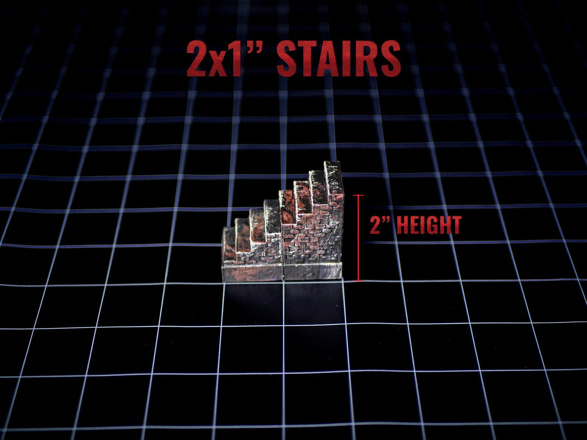 A miniature staircase model with a textured stone brick pattern in shades of brown and grey. The piece is labeled 2x1" STAIRS and 2" HEIGHT, indicating its dimensions. The structure features five steps leading to a flat top landing.