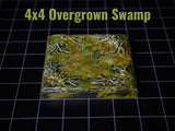 A square 4x4 Overgrown Swamp terrain tile featuring a textured surface with raised root-like structures in shades of green, brown, and yellow. The piece has a glossy finish and is displayed on a black grid mat for scale reference.
