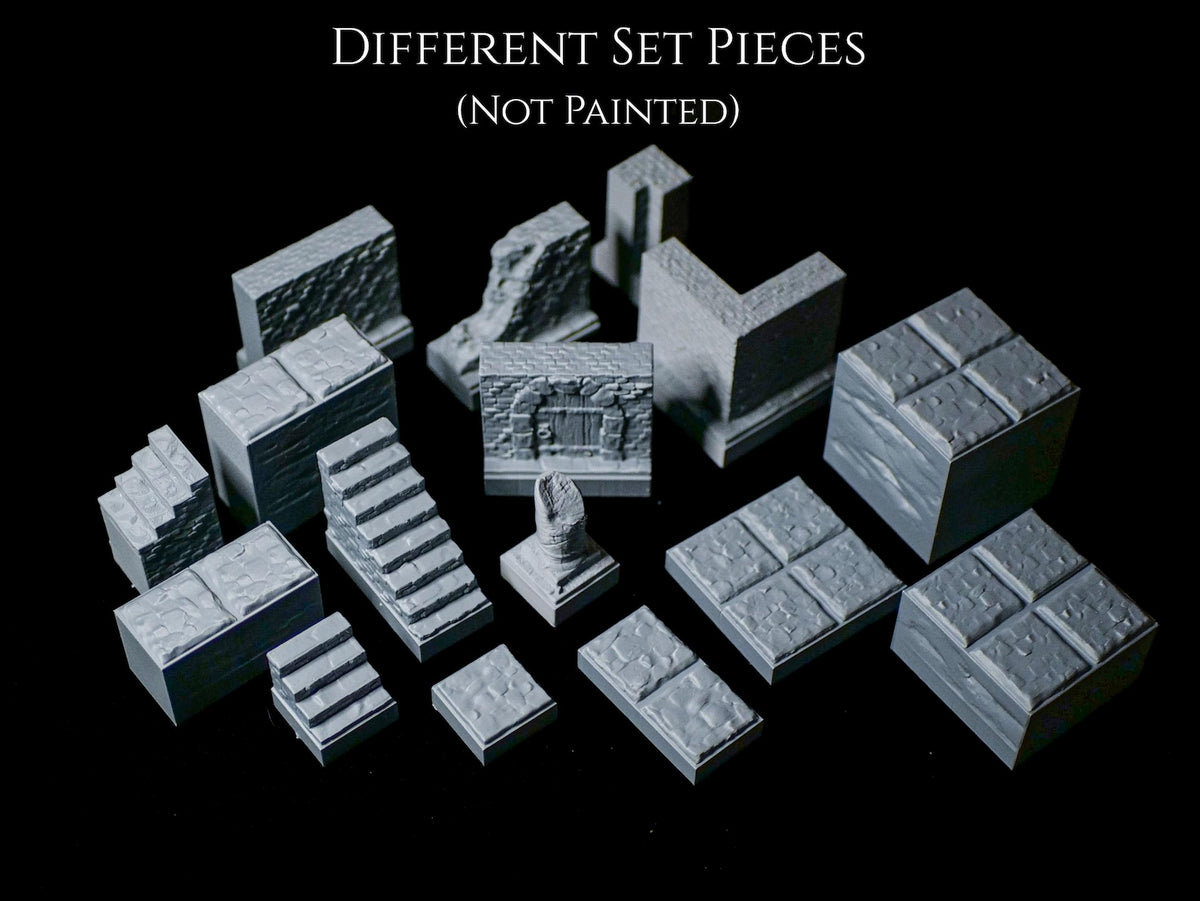 A collection of unpainted gray miniature dungeon terrain pieces including stone walls, staircases, floor tiles, and a small pillar. The text "DIFFERENT SET PIECES (NOT PAINTED)" is displayed at the top of the image in white font.