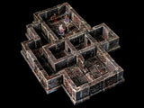 A miniature dungeon terrain set featuring dark, weathered stone walls and floor tiles with reddish-brown highlights. The modular structure includes multiple interconnected rooms and corridors, with two small humanoid figurines placed inside.
