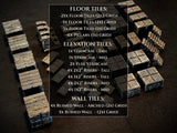A collection of dark gray, weathered dungeon terrain pieces including floor tiles, pillars, staircases, risers, and ruined walls. The set includes 25x 2x2 floor tiles, 5x 2x1 floor tiles, 5x 1x1 floor tiles, 6x 1x1 pillars, and various risers.