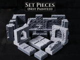 A collection of unpainted gray miniature dungeon terrain pieces, including stone walls, arched doorways, floor tiles, and a central altar. The text SET PIECES (NOT PAINTED) is displayed at the top of the image in white capital letters.