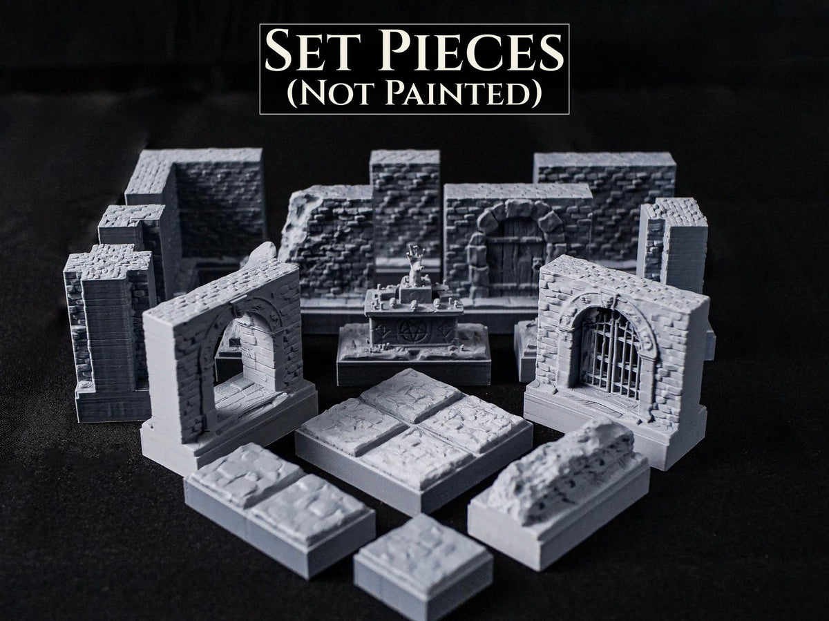 A collection of unpainted gray miniature dungeon terrain pieces, including stone walls, arched doorways, floor tiles, and a central altar. The text SET PIECES (NOT PAINTED) is displayed at the top of the image in white capital letters.