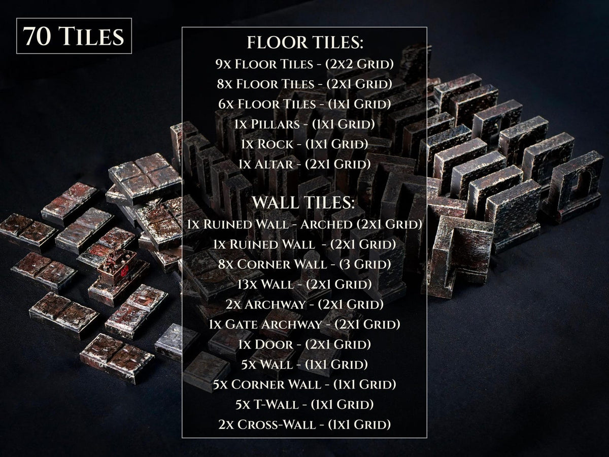 A set of 70 dark, weathered dungeon terrain tiles including floor and wall pieces. The collection features various grid configurations such as 2x2, 2x1, and 1x1, with specific items like pillars, rocks, altars, ruined walls, and archways.