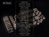 A collection of 54 miniature stone tiles for tabletop gaming. The set includes floor, elevation, and wall tiles, such as staircases, arches, and corner walls. The image also lists the quantity of each tile type.