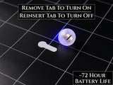 A small, spherical, translucent white LED light with a blue glow, accompanied by a white plastic pull tab. Text on the image reads: REMOVE TAB TO TURN ON, REINSERT TAB TO TURN OFF, and ~72 HOUR BATTERY LIFE.