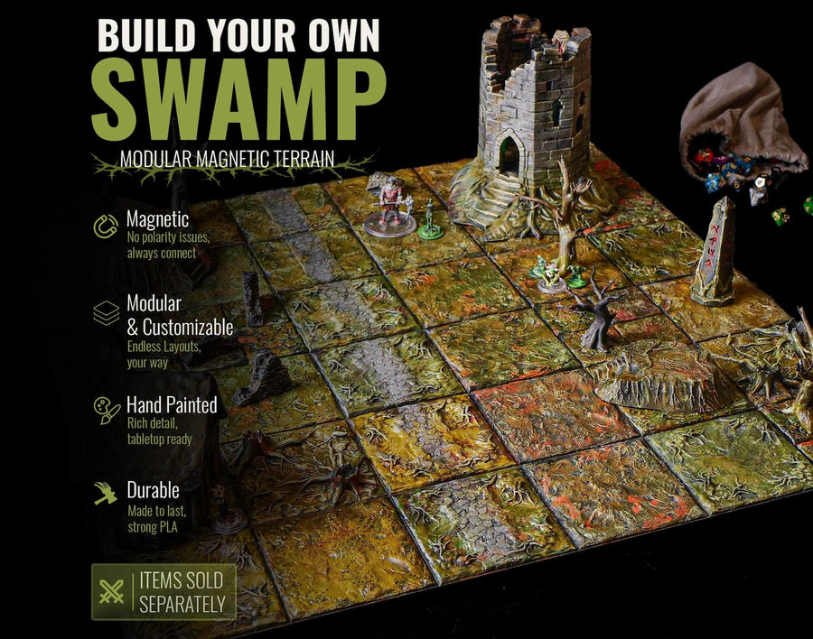 A modular magnetic terrain set for tabletop gaming featuring square tiles with a swamp theme, a ruined stone tower, bare trees, and a stone obelisk. The text reads BUILD YOUR OWN SWAMP MODULAR MAGNETIC TERRAIN and ITEMS SOLD SEPARATELY.