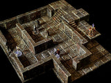 A modular tabletop dungeon terrain set featuring dark brown stone-textured floor tiles and walls. The layout includes a raised platform, a staircase, and several small miniature figures positioned within the grid-based stone corridors.