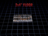 A rectangular floor tile piece featuring a grid of eight square sections with a weathered, metallic, and rusted texture. The text 2x4" FLOOR is printed in red above the object, which is set against a black grid background.