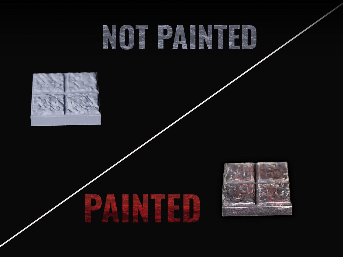 A square tile with a textured surface divided into four sections. The top left tile is light gray and labeled NOT PAINTED. The bottom right tile is dark brown with metallic highlights and is labeled PAINTED. The background is black.