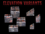 A collection of miniature terrain pieces labeled ELEVATION VARIANTS, featuring dark, weathered stone blocks and brick staircases with distressed black and reddish-brown textures, designed for tabletop gaming setups on a black background.