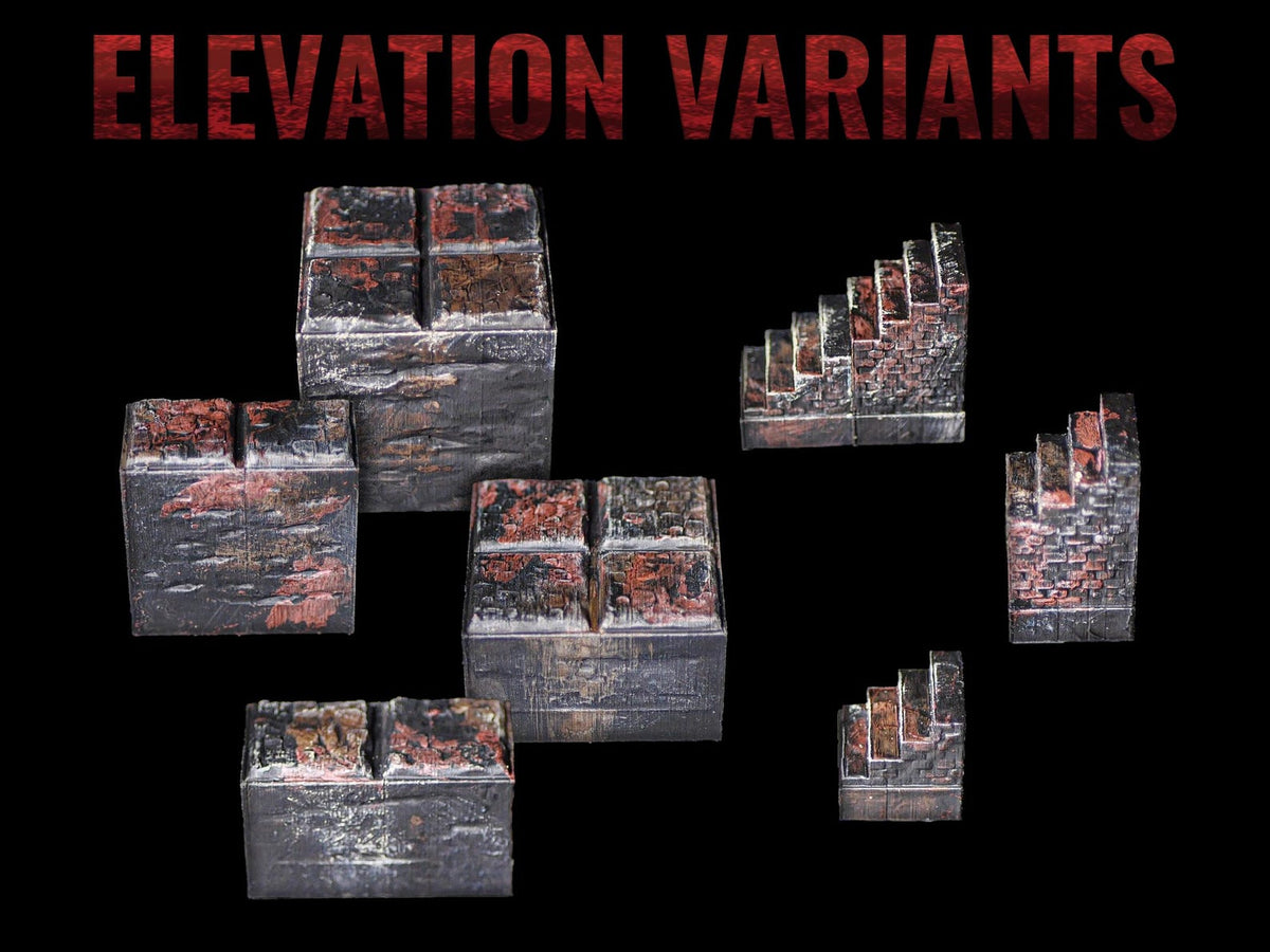 A collection of miniature terrain pieces labeled ELEVATION VARIANTS, featuring dark, weathered stone blocks and brick staircases with distressed black and reddish-brown textures, designed for tabletop gaming setups on a black background.