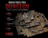 A modular dungeon terrain set featuring hand-painted, grid-patterned floor tiles and elevation pieces. The text reads BUILD YOUR OWN DUNGEON, FLOORS, ELEVATION, MODULAR TERRAIN, Magnetic, Modular & Customizable, Hand Painted, Durable, ITEMS SOLD SEPARATELY.