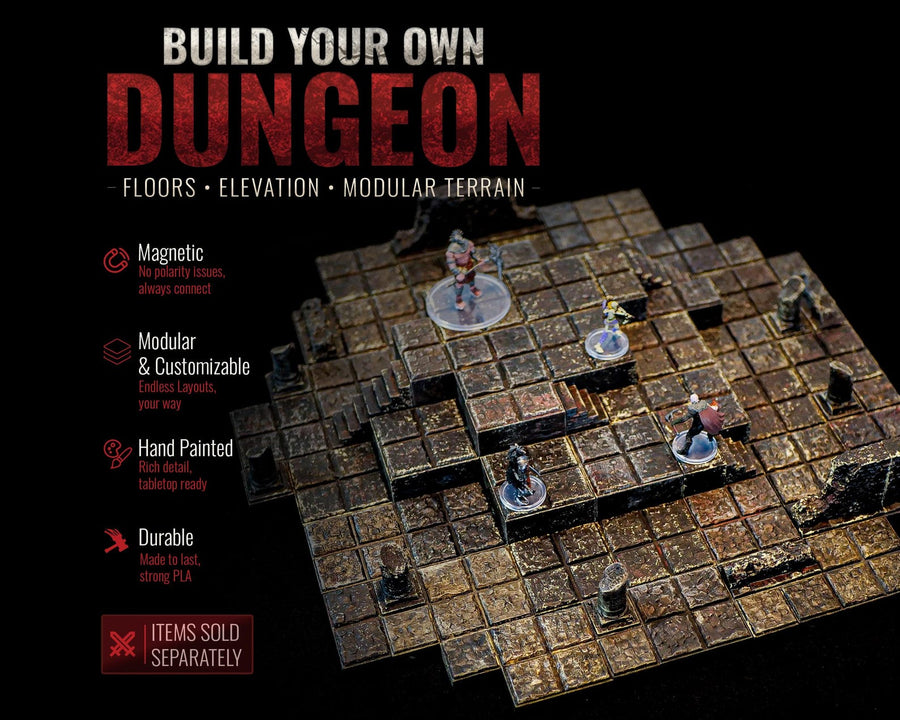 A modular dungeon terrain set featuring hand-painted, grid-patterned floor tiles and elevation pieces. The text reads BUILD YOUR OWN DUNGEON, FLOORS, ELEVATION, MODULAR TERRAIN, Magnetic, Modular & Customizable, Hand Painted, Durable, ITEMS SOLD SEPARATELY.