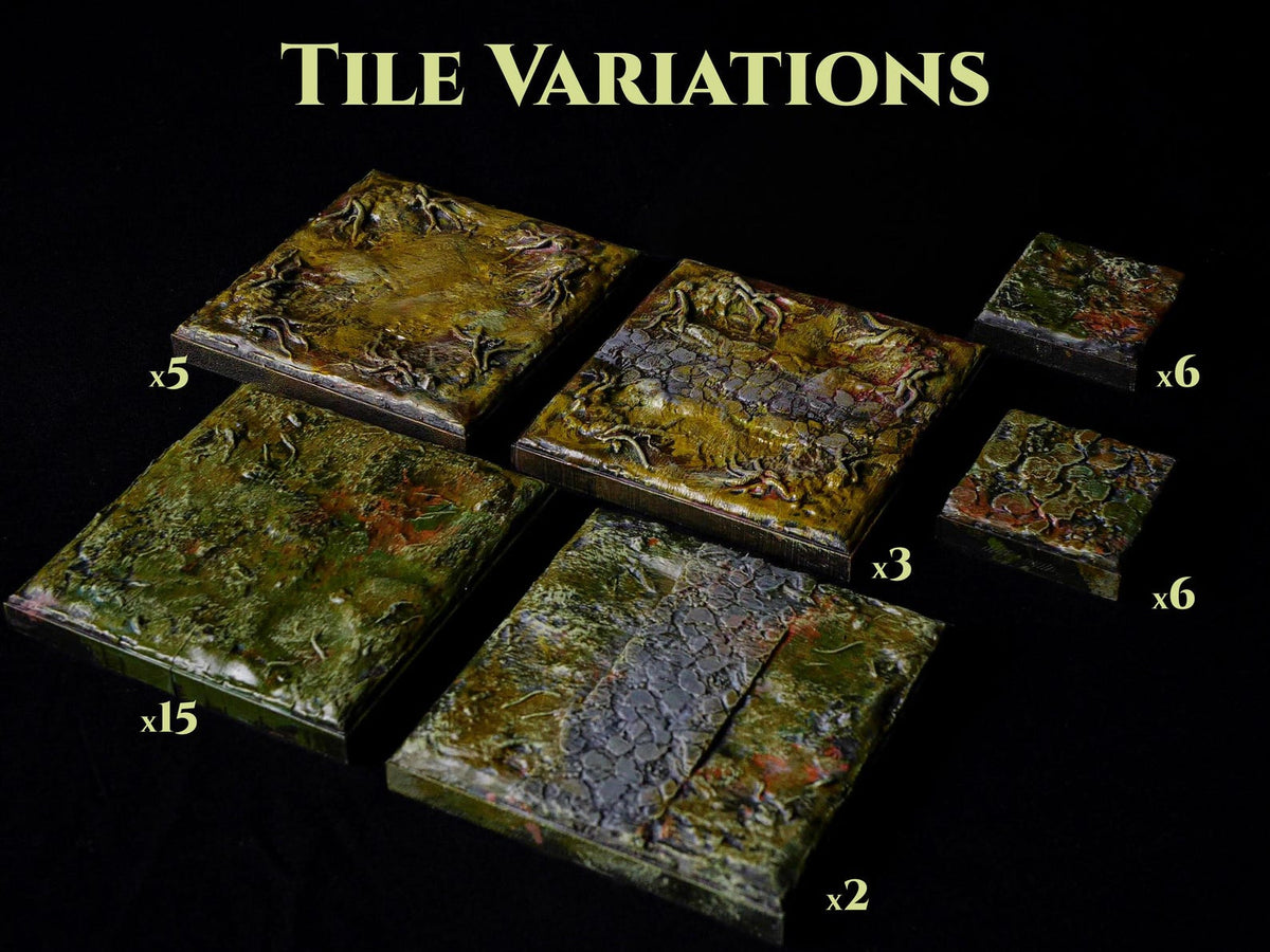 A collection of square terrain tiles labeled TILE VARIATIONS, featuring textured surfaces in shades of green, brown, and grey. The set includes various sizes with quantities marked as x5, x3, x6, x6, x15, and x2, displaying sculpted ground details.