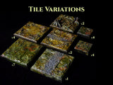 A collection of square terrain tiles labeled TILE VARIATIONS, featuring textured green, brown, and grey surfaces with root-like details. The set includes various quantities of different sizes, ranging from large square tiles to smaller square pieces.