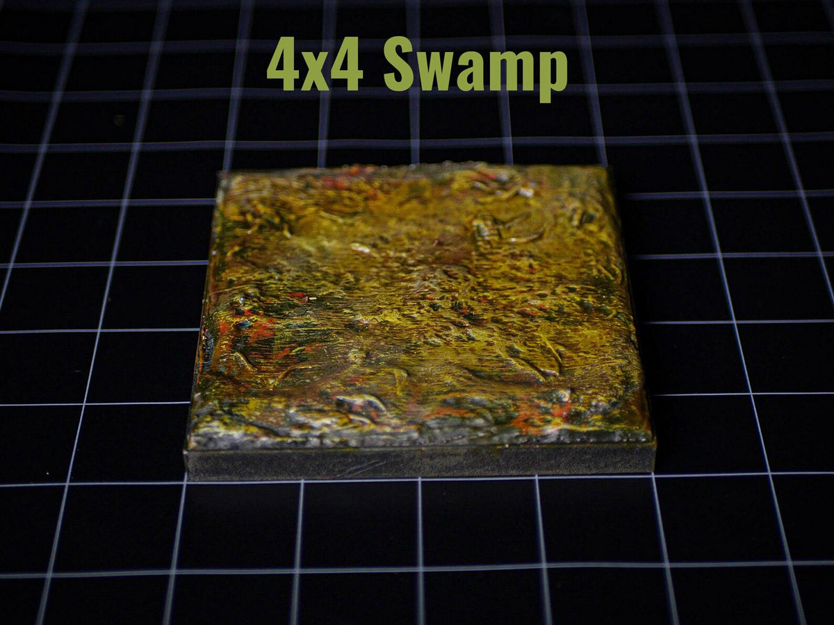 A square 4x4 Swamp terrain tile featuring a textured, uneven surface painted in shades of dark green, brown, and ochre with subtle red highlights. The piece has a glossy finish and is displayed against a black grid background.
