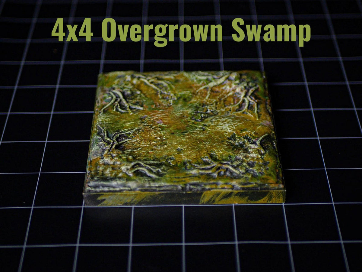 A square 4x4 Overgrown Swamp terrain tile featuring a textured surface with raised root-like structures in shades of green, brown, and yellow. The piece has a glossy finish and is displayed on a black grid mat for scale reference.