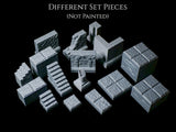 A collection of unpainted gray miniature dungeon terrain pieces including stone walls, staircases, floor tiles, and a small pillar. The text "DIFFERENT SET PIECES (NOT PAINTED)" is displayed at the top of the image in white font.