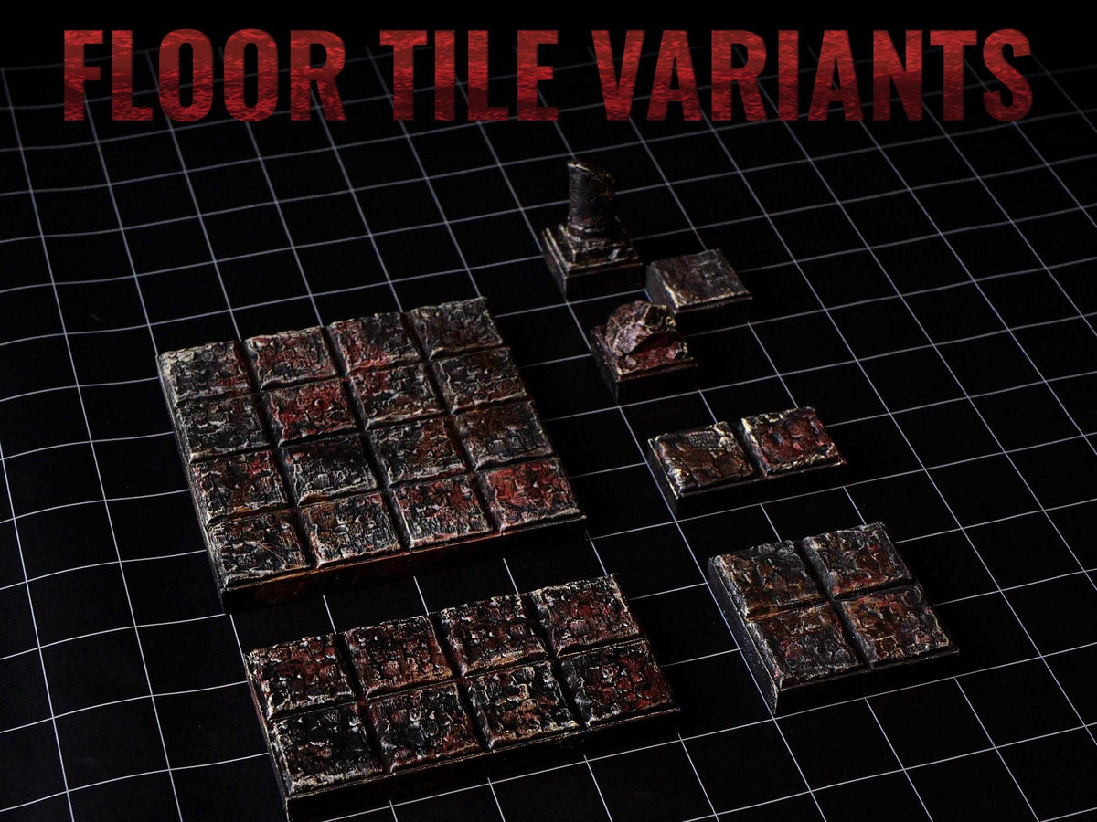 A collection of dark, textured floor tile variants with a weathered, reddish-brown finish. The set includes various square and rectangular configurations, some featuring small pillar-like structures. The text FLOOR TILE VARIANTS is visible.